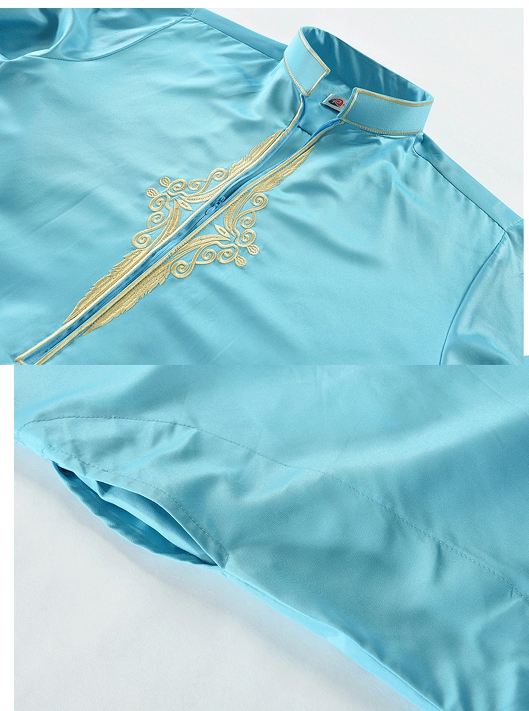 East Stand Collar Casual Muslim Embroidered Satin Long Sleeve Ramadan Arabian Islamic Clothing Men′s Clothes