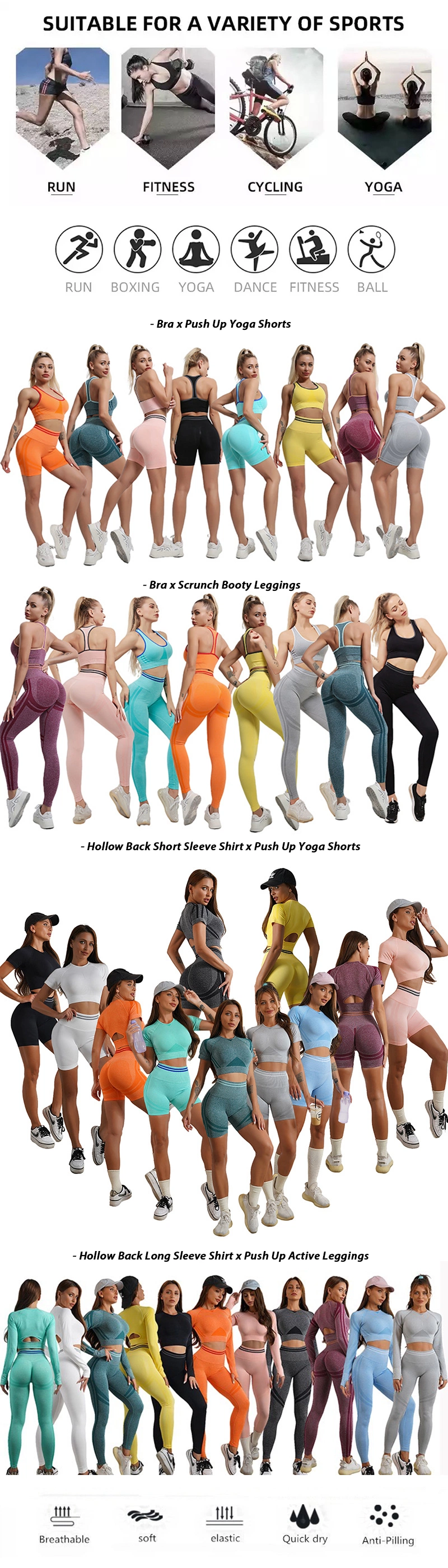 Wholesale Ladies 5PCS Hot Fashion Ropa De Yoga Wear Workout Clothes for Women, Custom Seamless Bra + Crop Top + Scrunch Gym Shorts + Leggings Fitness Apparel