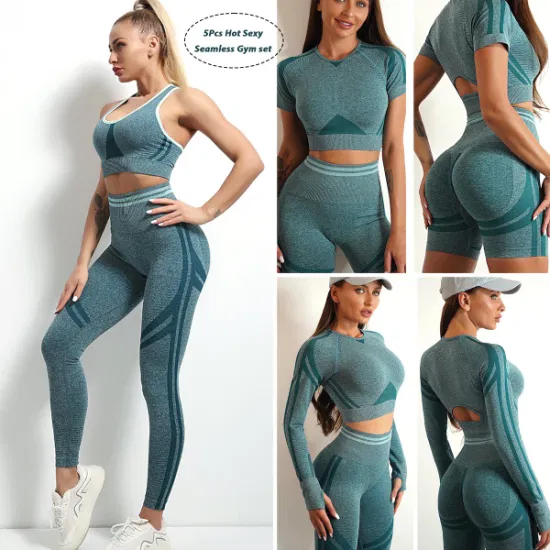 Signore all'ingrosso 5 pezzi moda calda Ropa De Yoga indossare abiti da allenamento per le donne, reggiseno senza cuciture personalizzato + top corto + pantaloncini da palestra Scrunch + leggings abbigliamento fitness