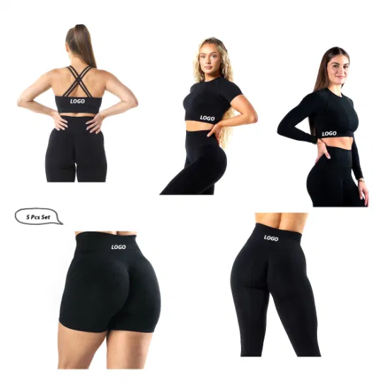 Vendita calda 5 pezzi set sport fitness tute da ginnastica compressione senza soluzione di continuità abbigliamento da palestra per donna, logo personalizzato top da palestra + pantaloncini da yoga + leggings da allenamento abbigliamento attivo